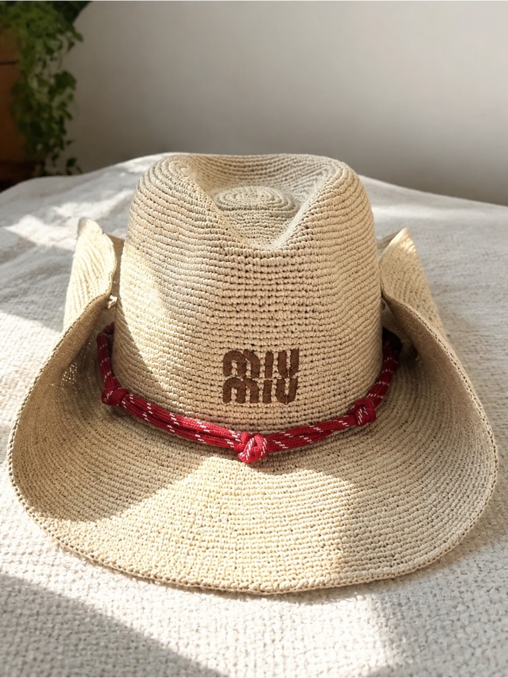 Miu Miu Cream Straw Kids Cowboy Hat with Red Band